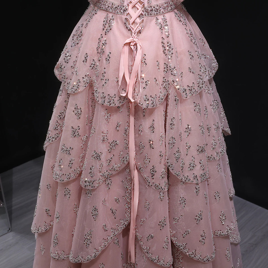 Glamorous Pink Strapless Sequin Layered Tulle Evening Dress SS612-DreamyVow