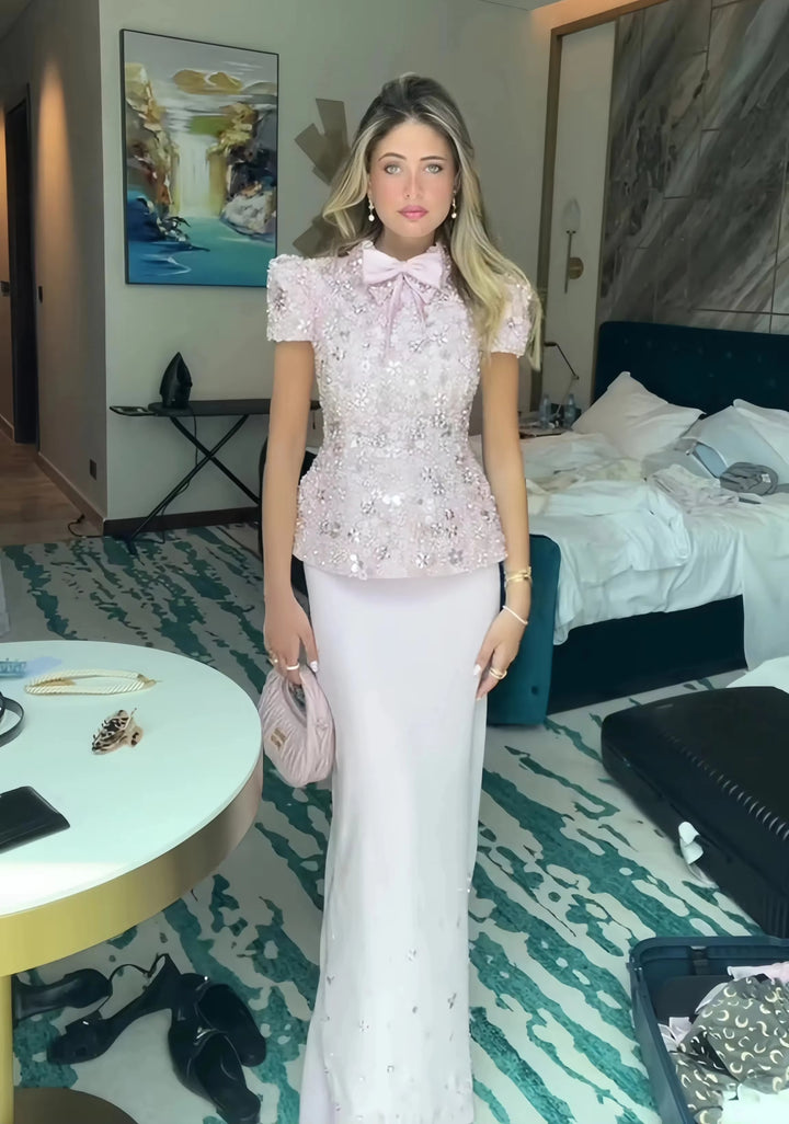 Glamorous Pink Two Piece Evening Dress with Sparkling Sequins SS547-DreamyVow