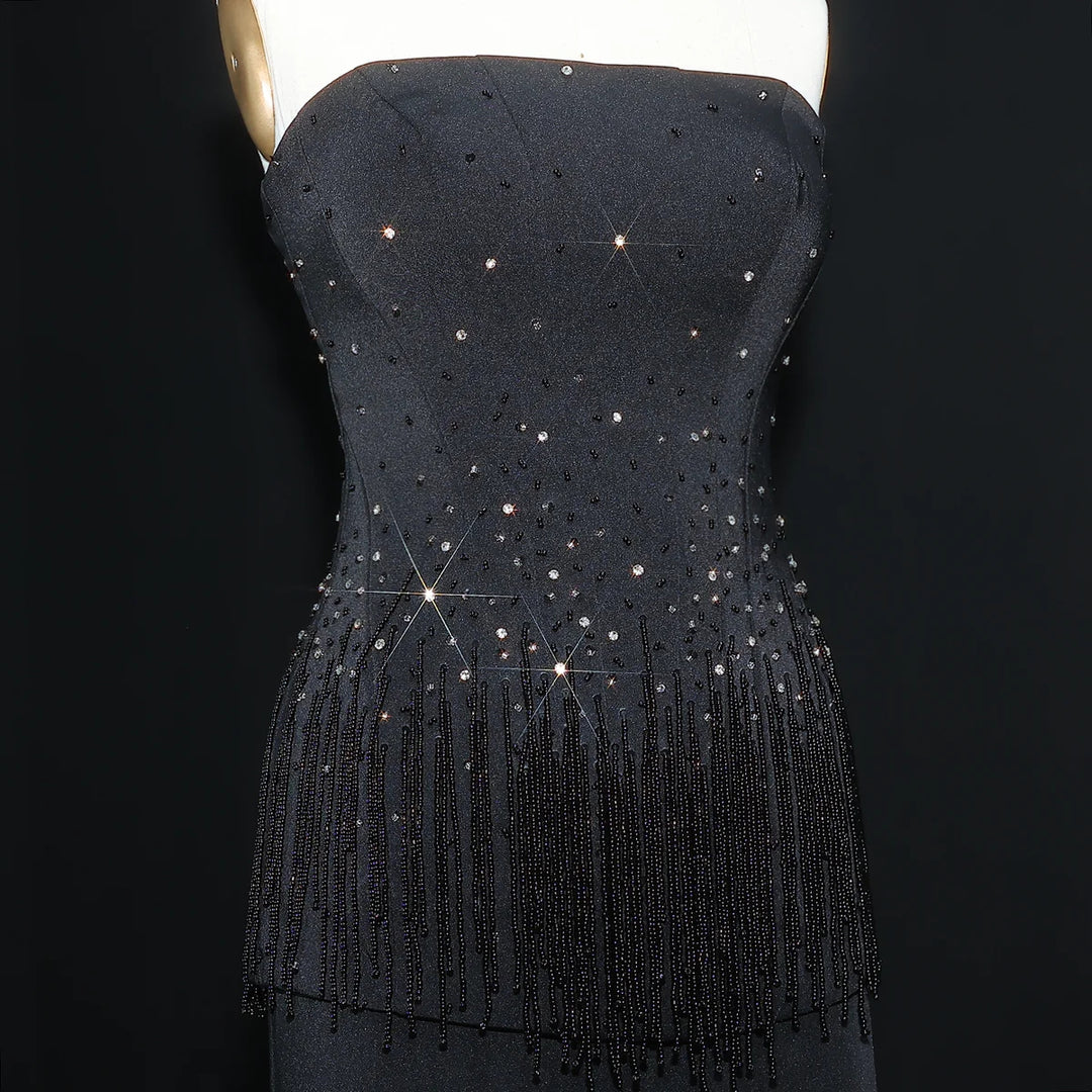 Glamorous Strapless White and Black Beaded Fringe Evening Dress SS425
