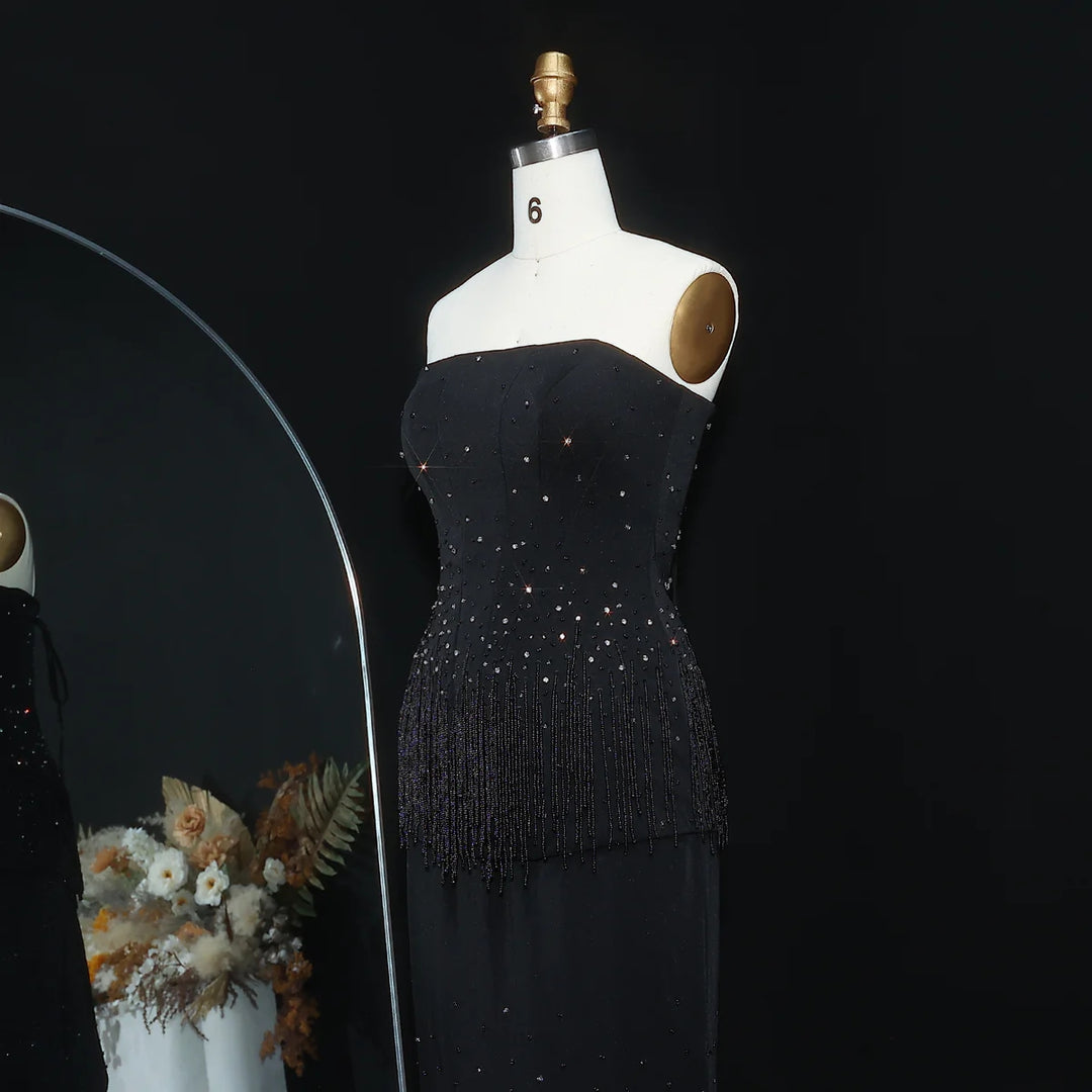 Glamorous Strapless White and Black Beaded Fringe Evening Dress SS425