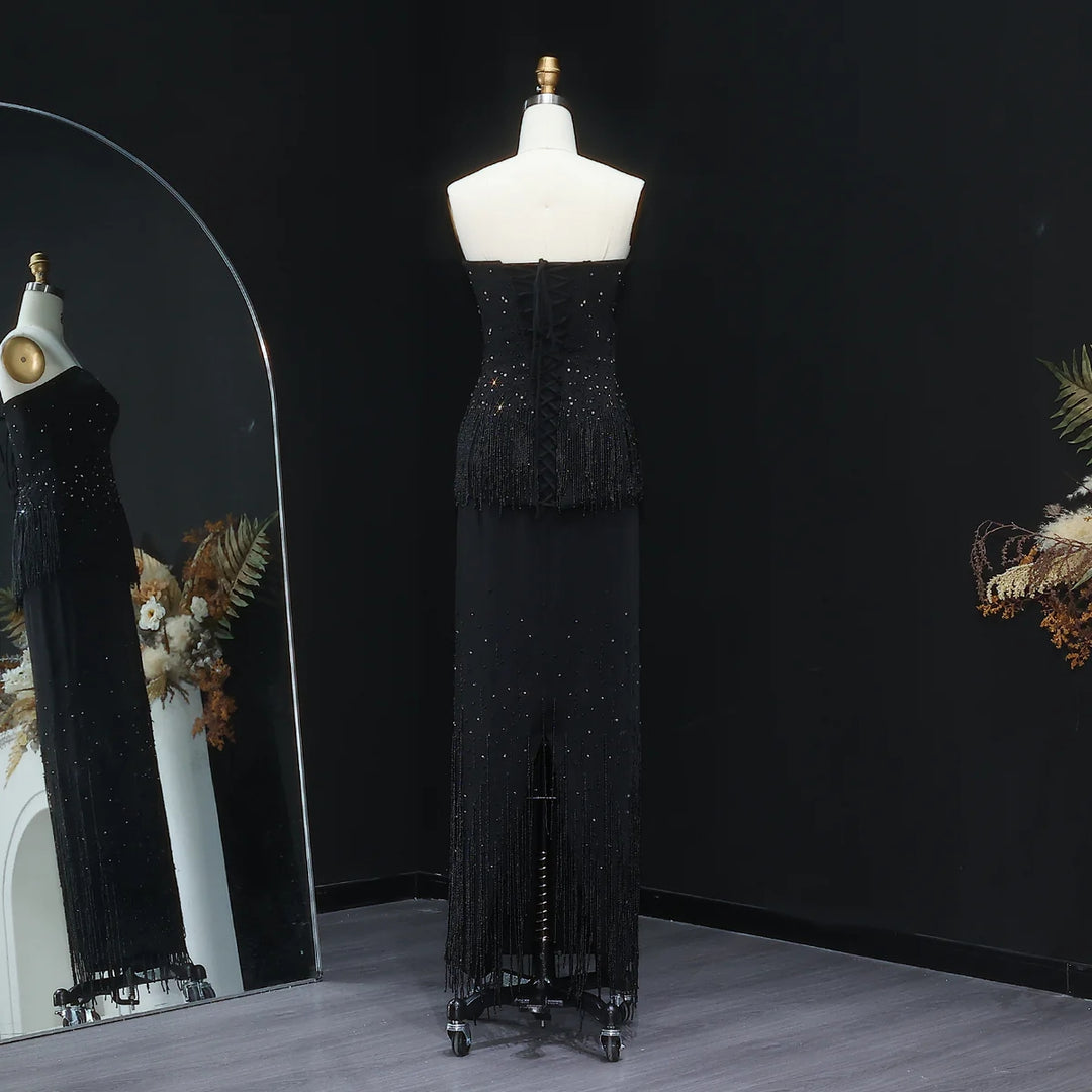 Glamorous Strapless White and Black Beaded Fringe Evening Dress SS425