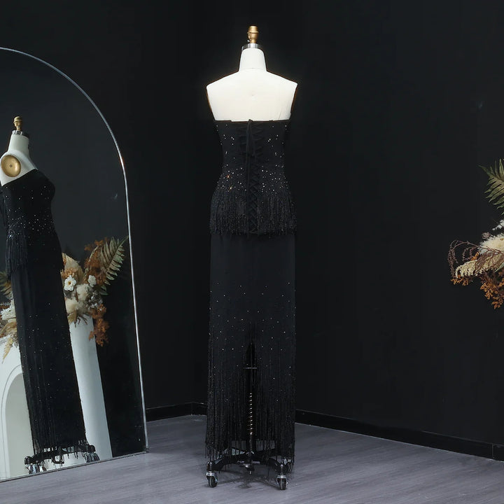 Glamorous Strapless White and Black Beaded Fringe Evening Dress SS425