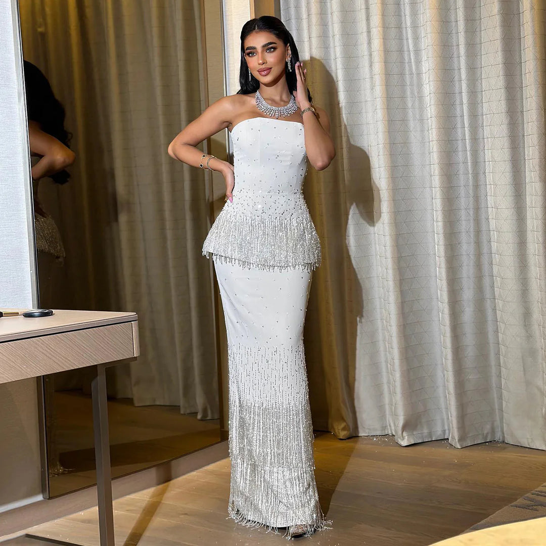 Glamorous Strapless White and Black Beaded Fringe Evening Dress SS425