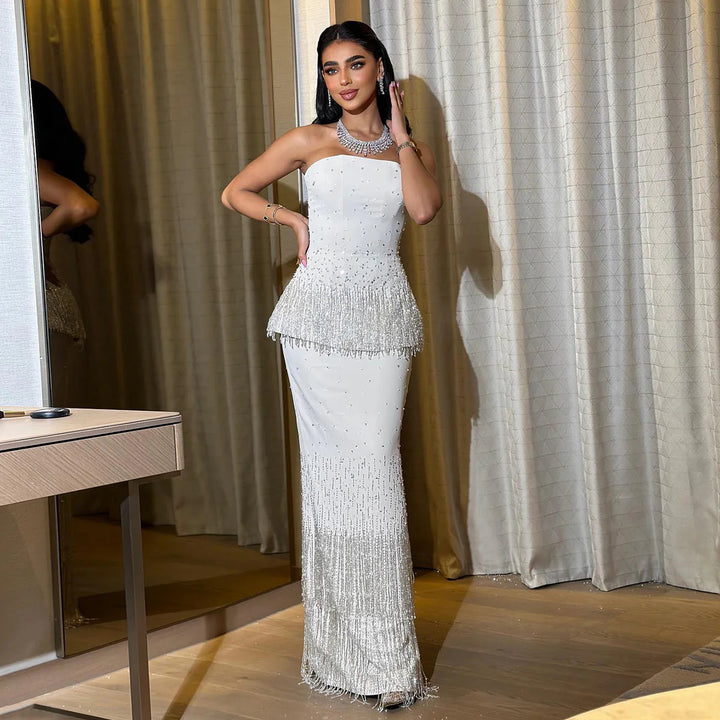 Glamorous Strapless White and Black Beaded Fringe Evening Dress SS425