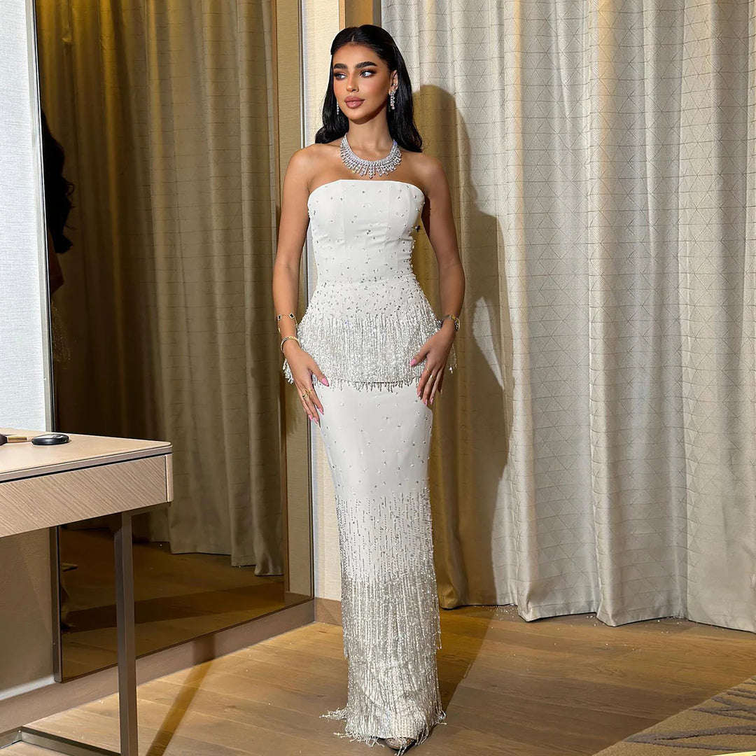 Glamorous Strapless White and Black Beaded Fringe Evening Dress SS425 White / 18