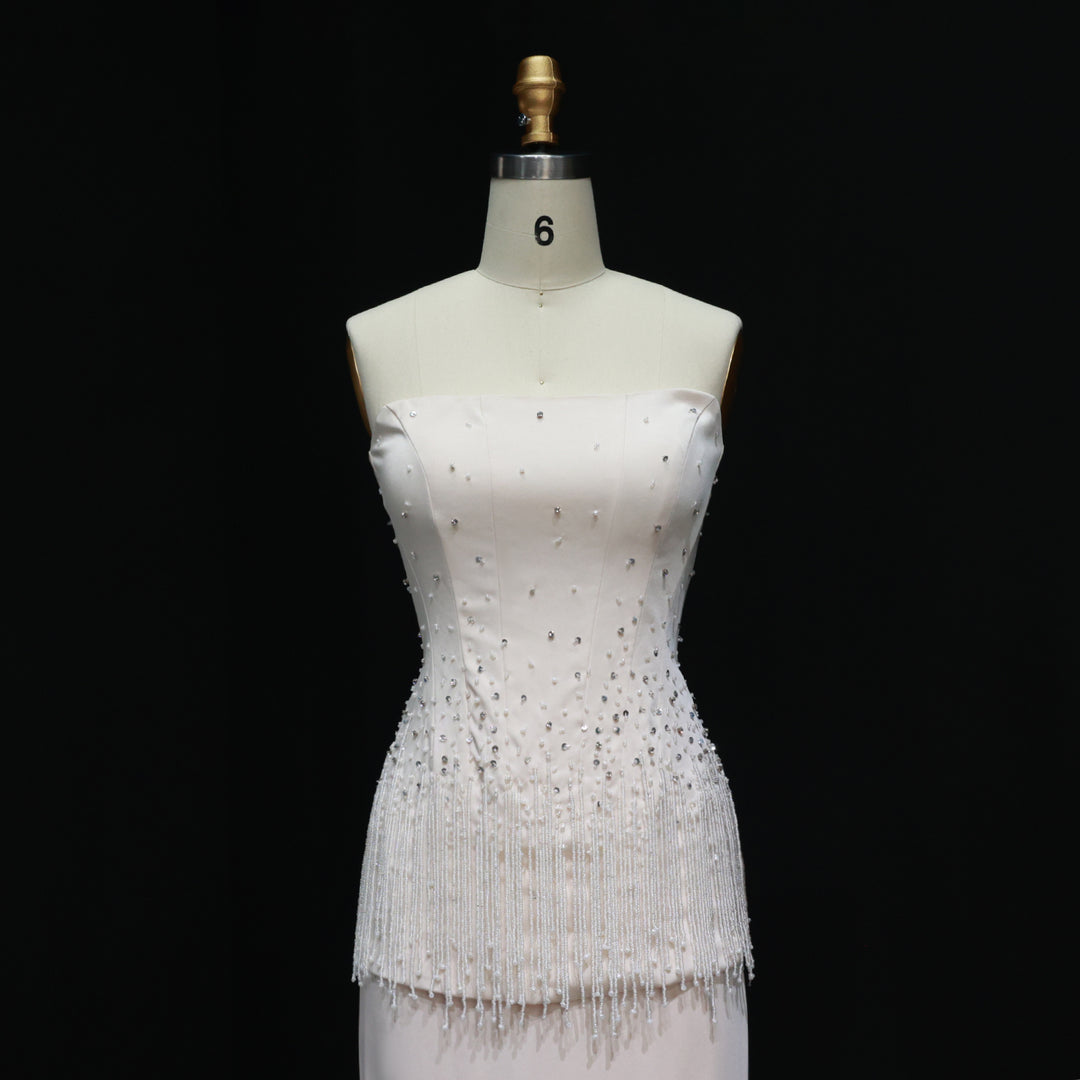 Glamorous Strapless White and Black Beaded Fringe Evening Dress SS425