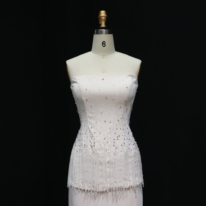 Glamorous Strapless White and Black Beaded Fringe Evening Dress SS425