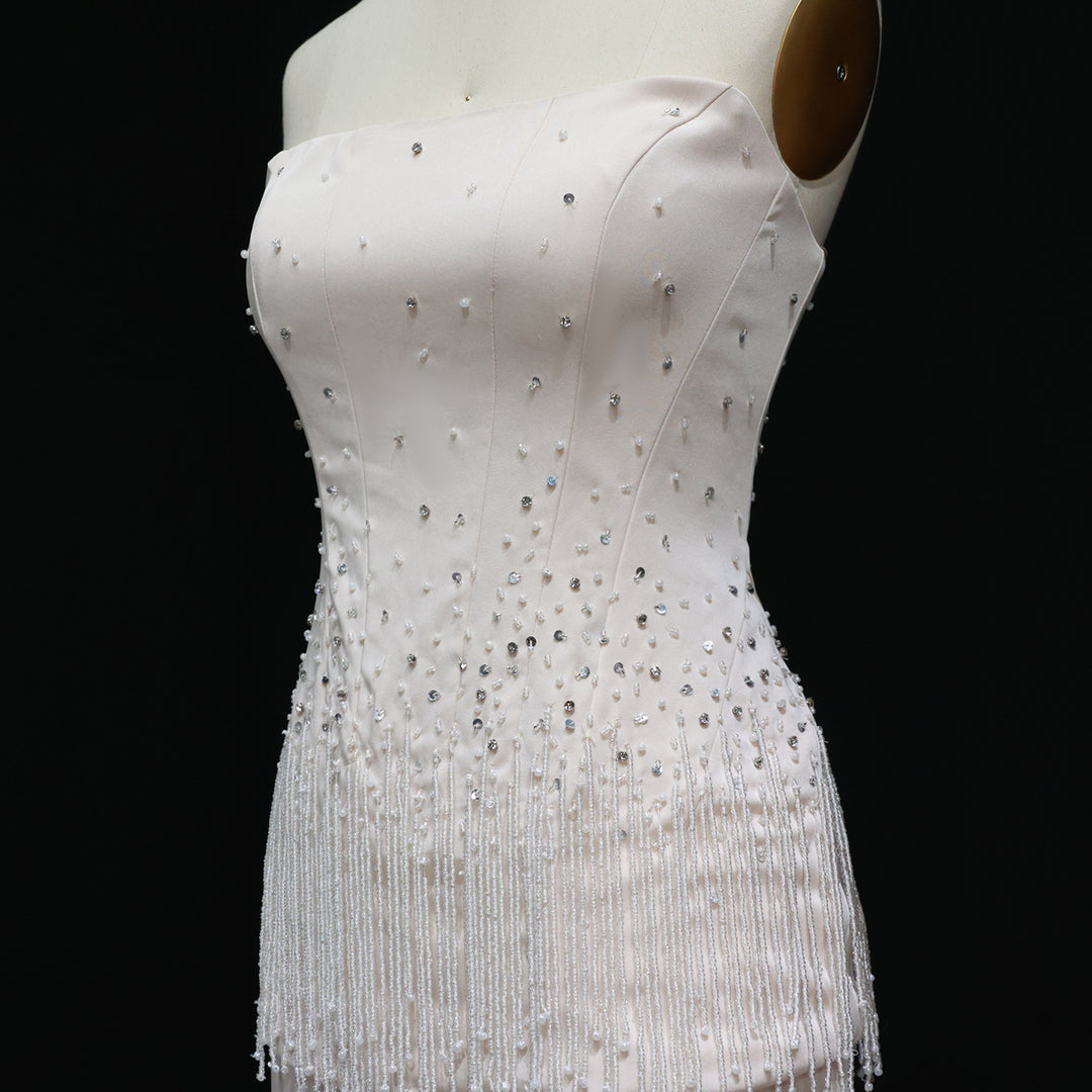 Glamorous Strapless White and Black Beaded Fringe Evening Dress SS425