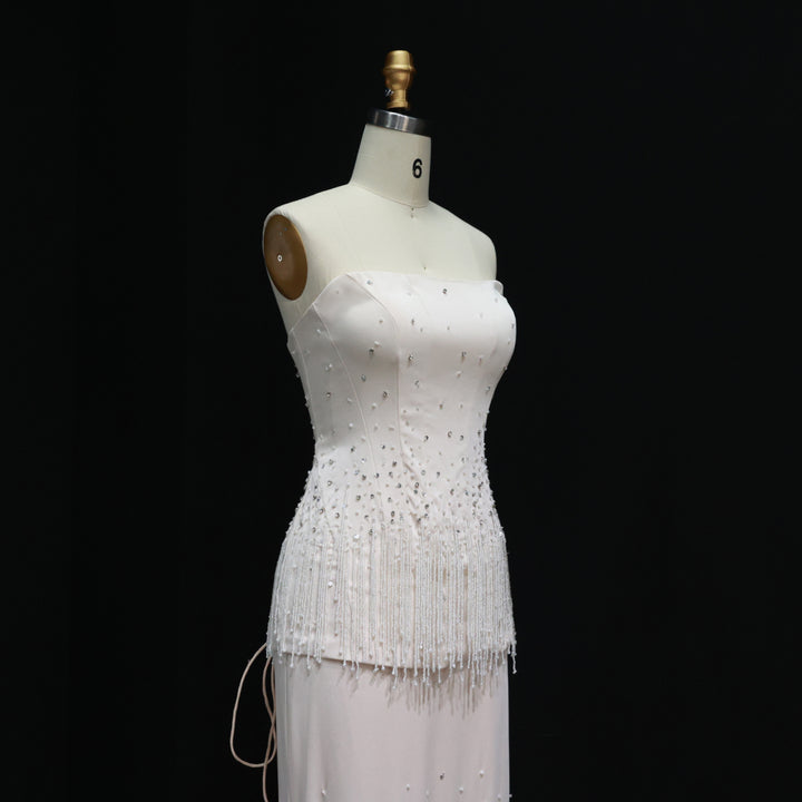 Glamorous Strapless White and Black Beaded Fringe Evening Dress SS425