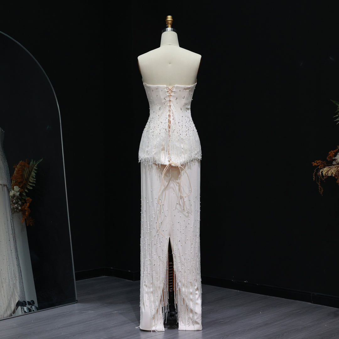 Glamorous Strapless White and Black Beaded Fringe Evening Dress SS425