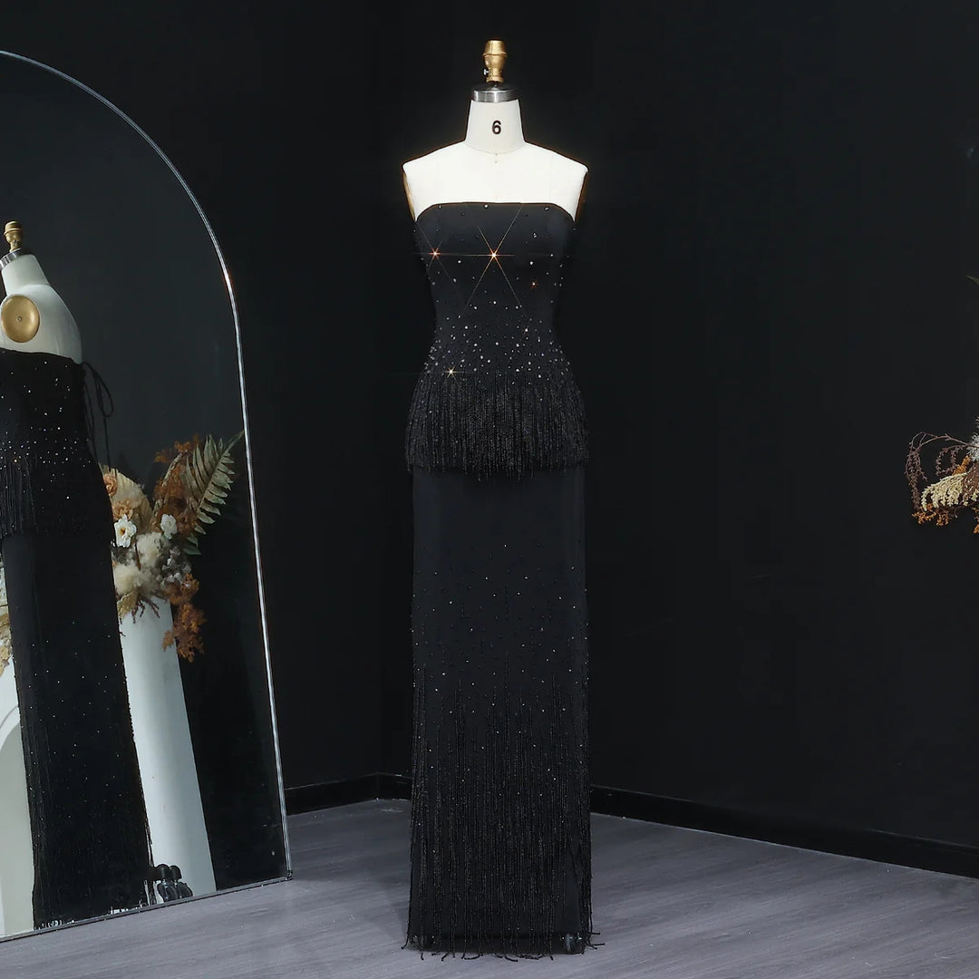 Glamorous Strapless White and Black Beaded Fringe Evening Dress SS425