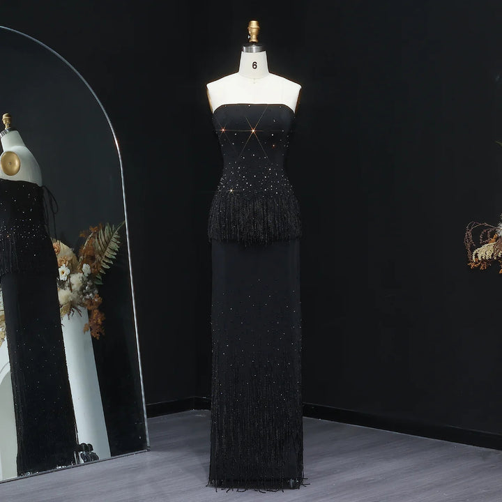 Glamorous Strapless White and Black Beaded Fringe Evening Dress SS425