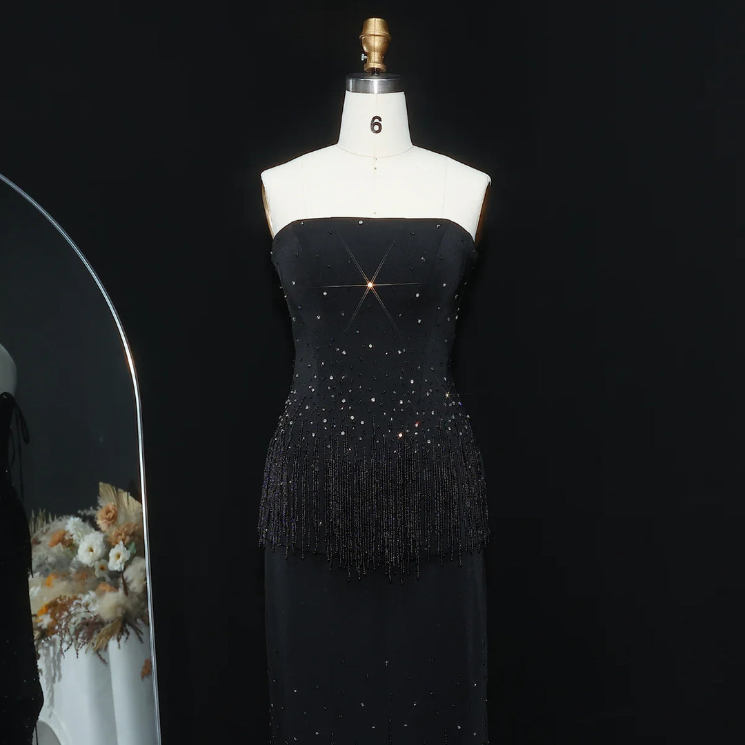 Glamorous Strapless White and Black Beaded Fringe Evening Dress SS425