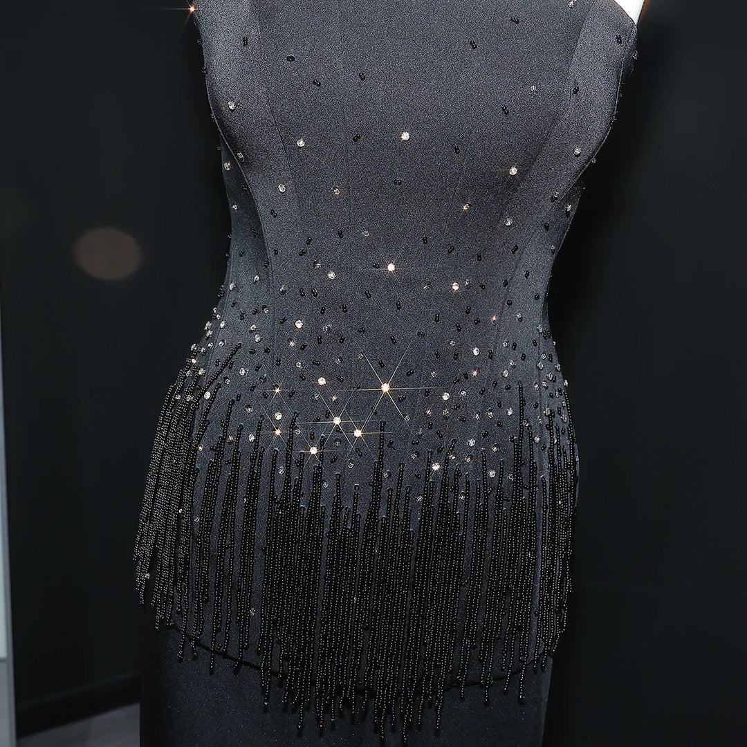 Glamorous Strapless White and Black Beaded Fringe Evening Dress SS425