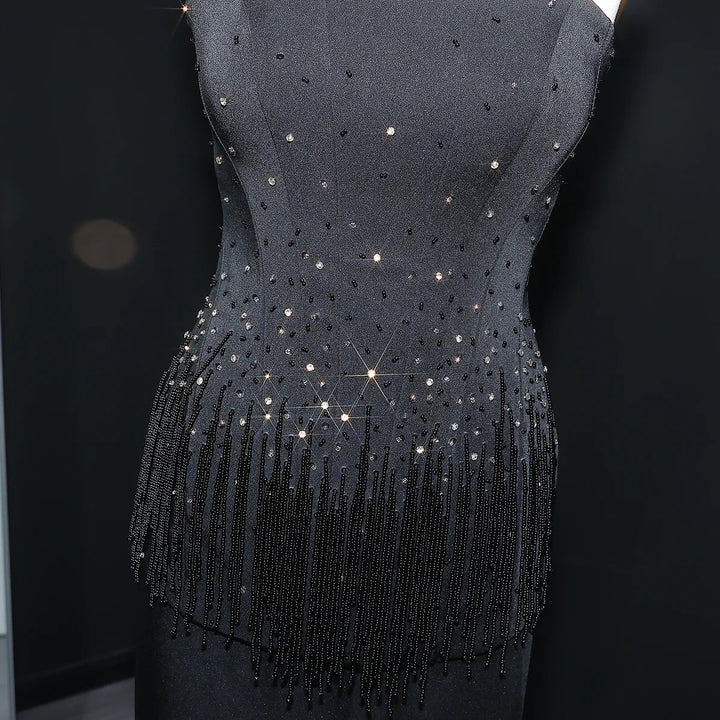 Glamorous Strapless White and Black Beaded Fringe Evening Dress SS425