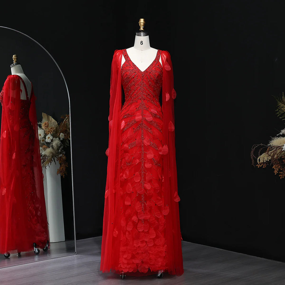 Glamorous Wine Red Feather Beaded Evening Dress Flowing Cape SS283-DreamyVow