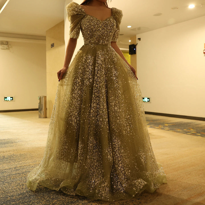 Glitter Lime Green Luxury Dubai Evening Dress Engagement Arabic SS155
