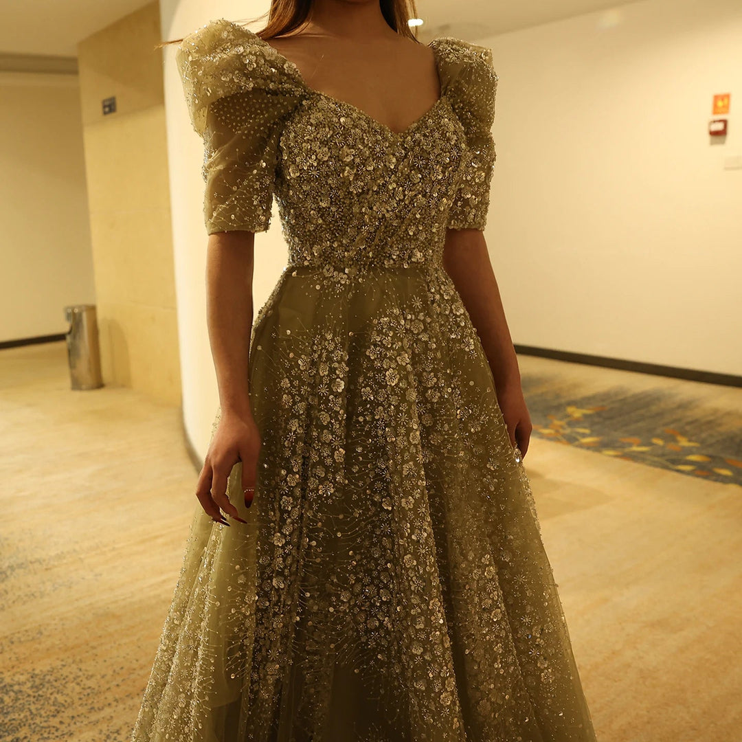 Glitter Lime Green Luxury Dubai Evening Dress Engagement Arabic SS155