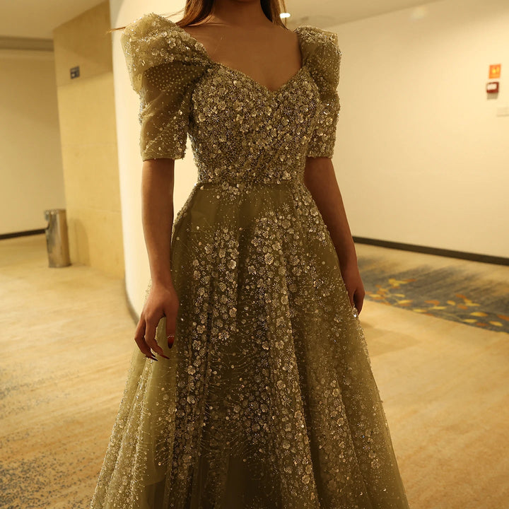 Glitter Lime Green Luxury Dubai Evening Dress Engagement Arabic SS155