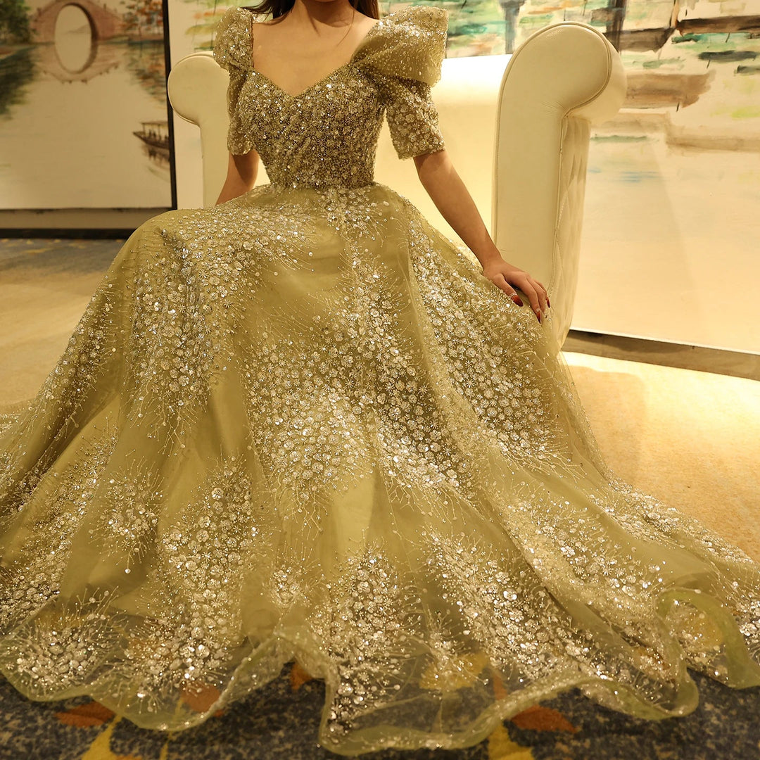 Glitter Lime Green Luxury Dubai Evening Dress Engagement Arabic SS155