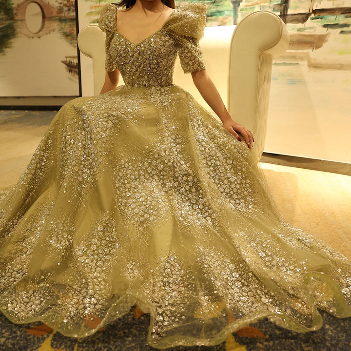 Glitter Lime Green Luxury Dubai Evening Dress Engagement Arabic SS155