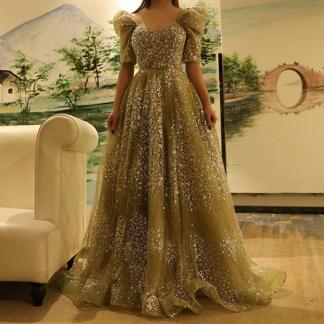 Glitter Lime Green Luxury Dubai Evening Dress Engagement Arabic SS155