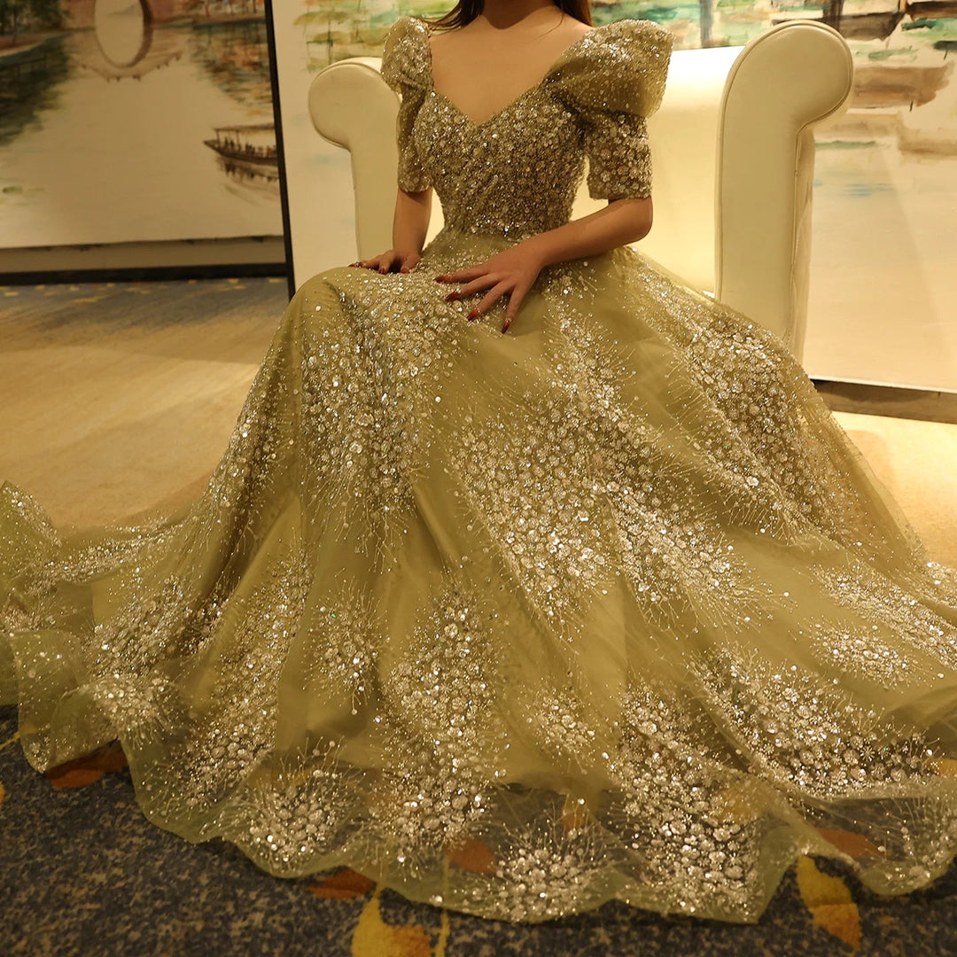Glitter Lime Green Luxury Dubai Evening Dress Engagement Arabic SS155