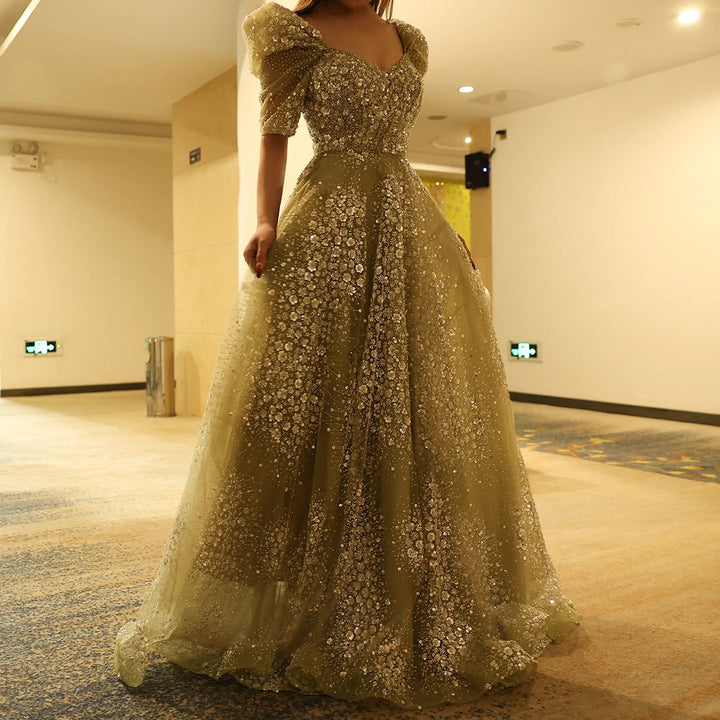 Glitter Lime Green Luxury Dubai Evening Dress Engagement Arabic SS155