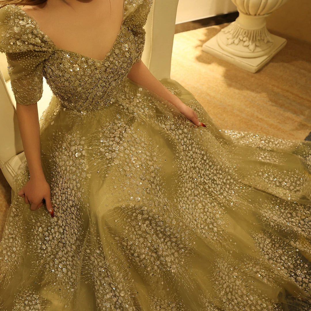Glitter Lime Green Luxury Dubai Evening Dress Engagement Arabic SS155