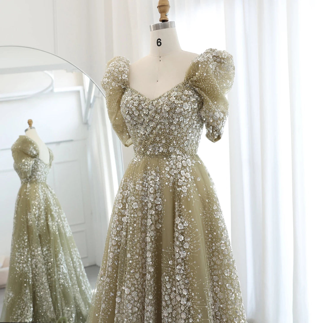 Glitter Lime Green Luxury Dubai Evening Dress Engagement Arabic SS155