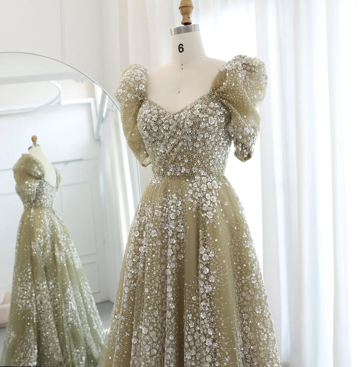 Glitter Lime Green Luxury Dubai Evening Dress Engagement Arabic SS155