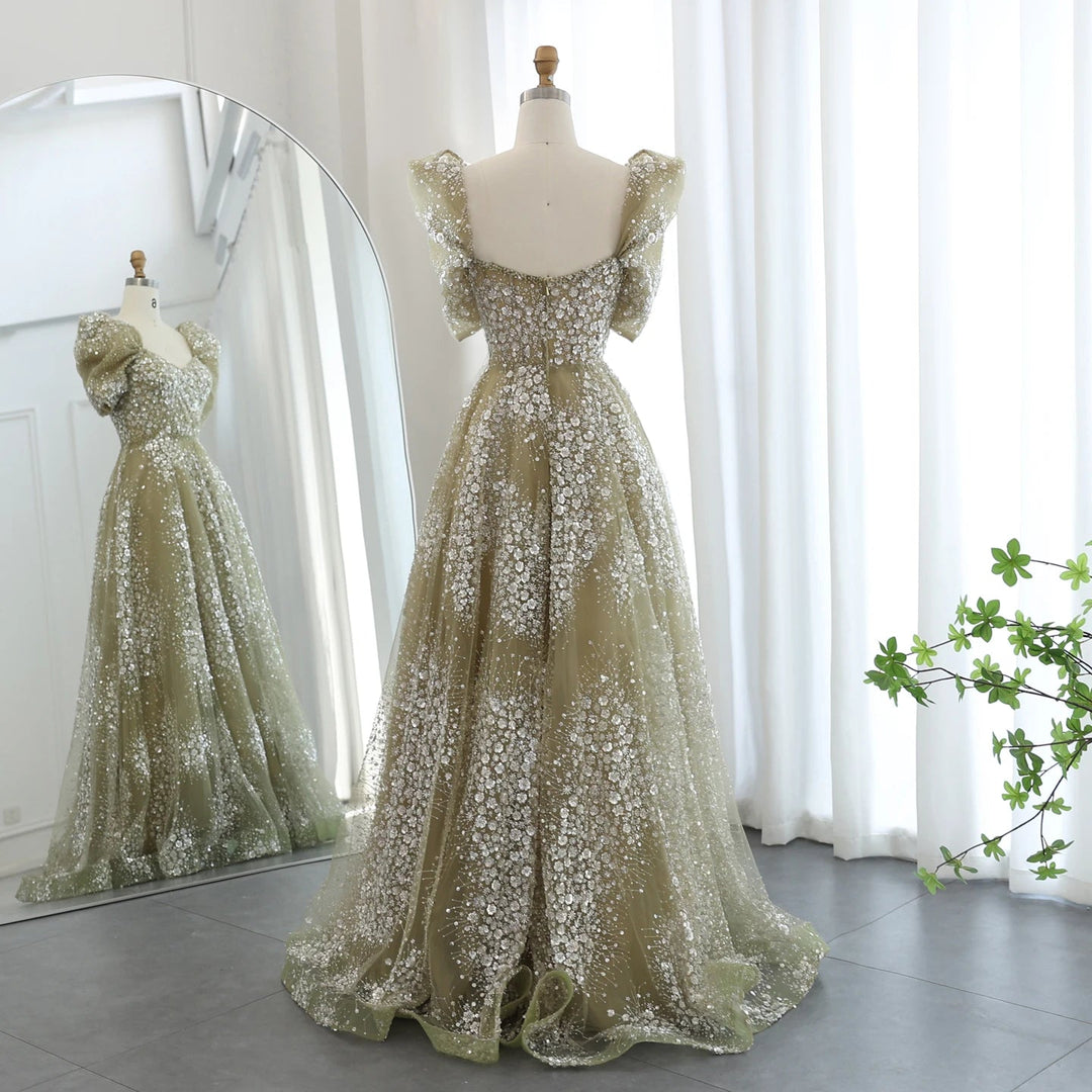 Glitter Lime Green Luxury Dubai Evening Dress Engagement Arabic SS155