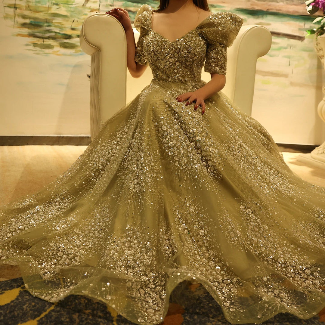 Glitter Lime Green Luxury Dubai Evening Dress Engagement Arabic SS155