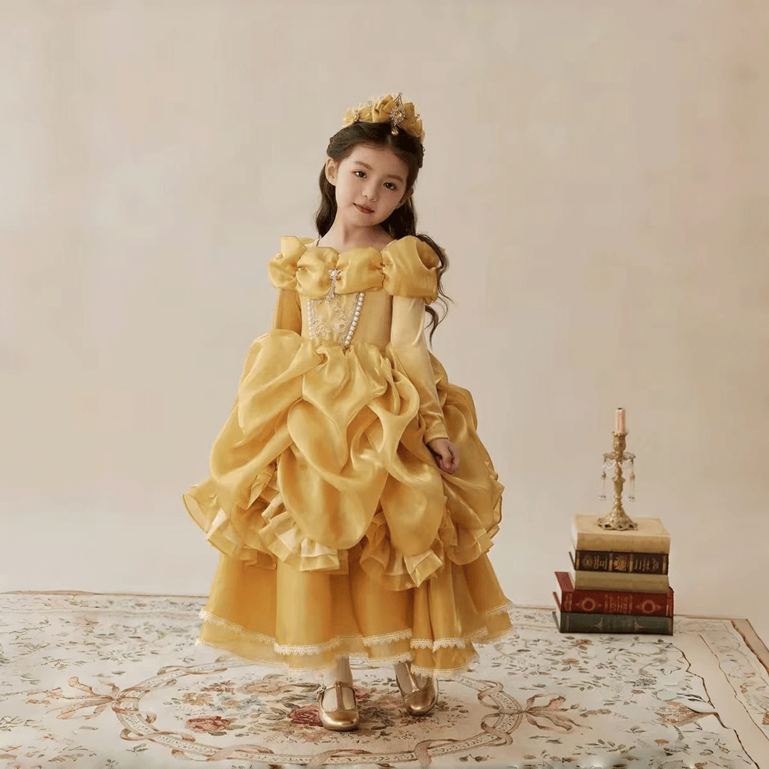 Luxury Gold Princess Flower Girl Dress with Puff Sleeves Ruffle Skirt J878