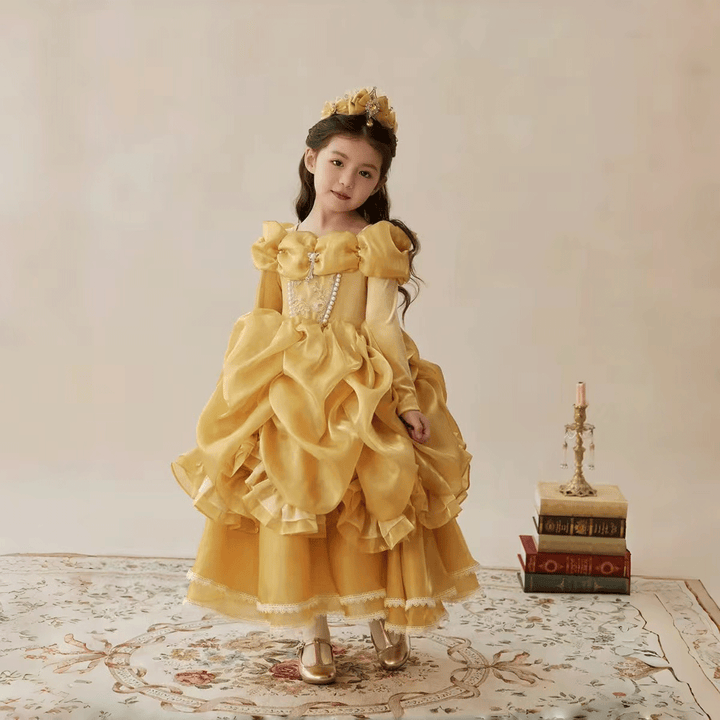 Luxury Gold Princess Flower Girl Dress with Puff Sleeves Ruffle Skirt J878