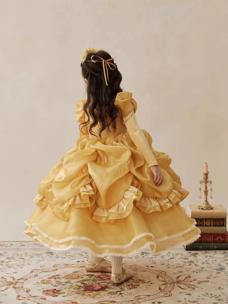 Luxury Gold Princess Flower Girl Dress with Puff Sleeves Ruffle Skirt J878