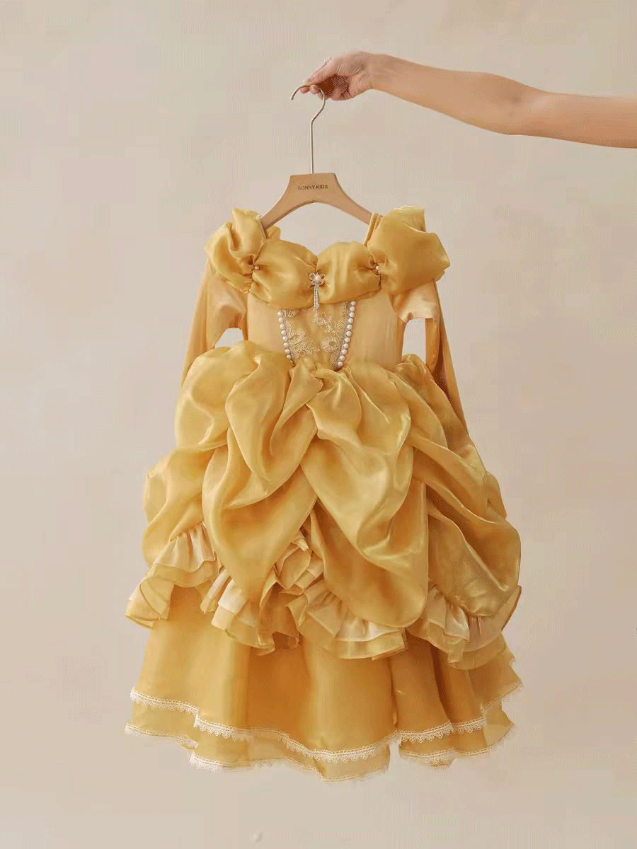 Luxury Gold Princess Flower Girl Dress with Puff Sleeves Ruffle Skirt J878