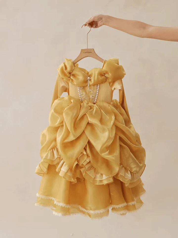Luxury Gold Princess Flower Girl Dress with Puff Sleeves Ruffle Skirt J878