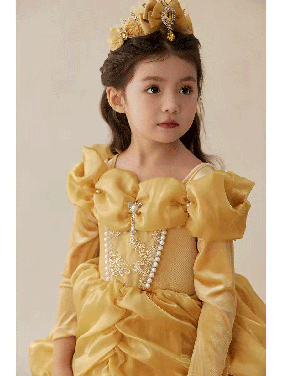 Luxury Gold Princess Flower Girl Dress with Puff Sleeves Ruffle Skirt J878