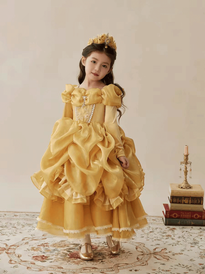 Luxury Gold Princess Flower Girl Dress with Puff Sleeves Ruffle Skirt J878