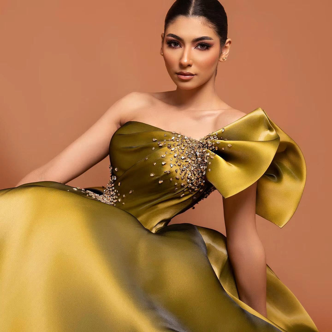 Gold One Shoulder Arabic Evening Dress Dubai Pink Lilac SS592