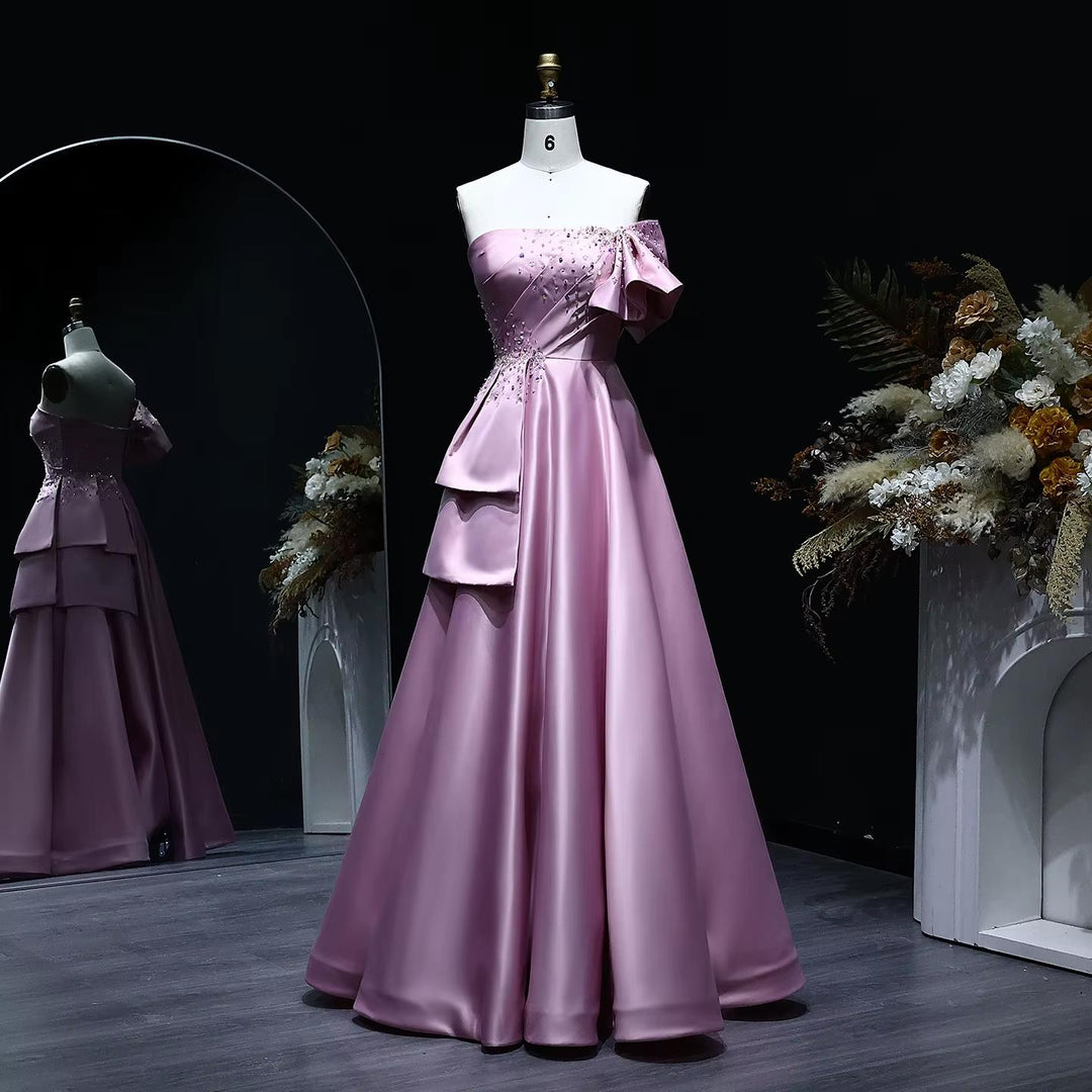 Gold One Shoulder Arabic Evening Dress Dubai Pink Lilac SS592
