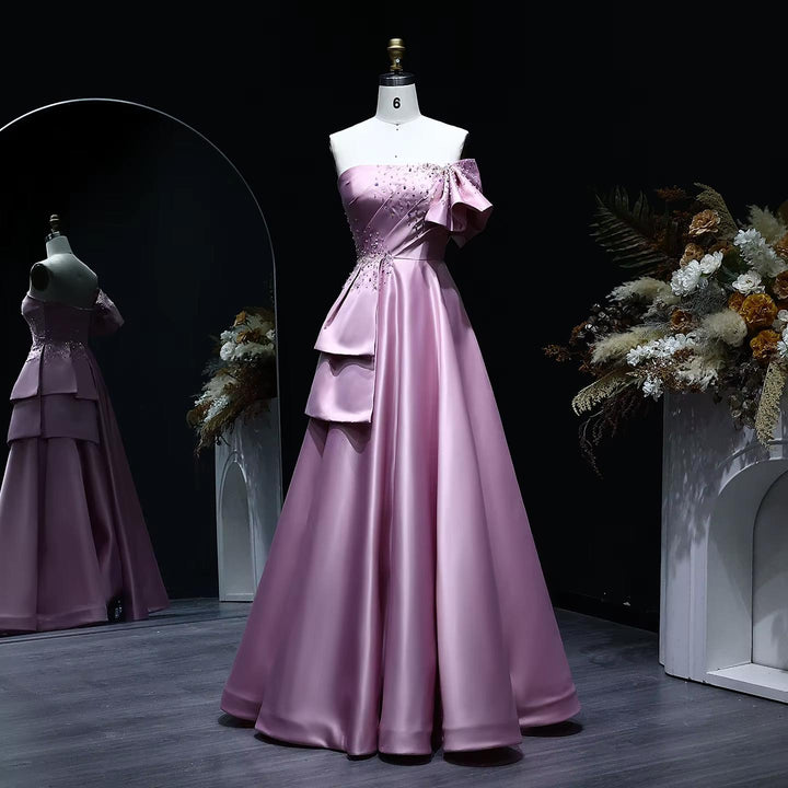 Gold One Shoulder Arabic Evening Dress Dubai Pink Lilac SS592