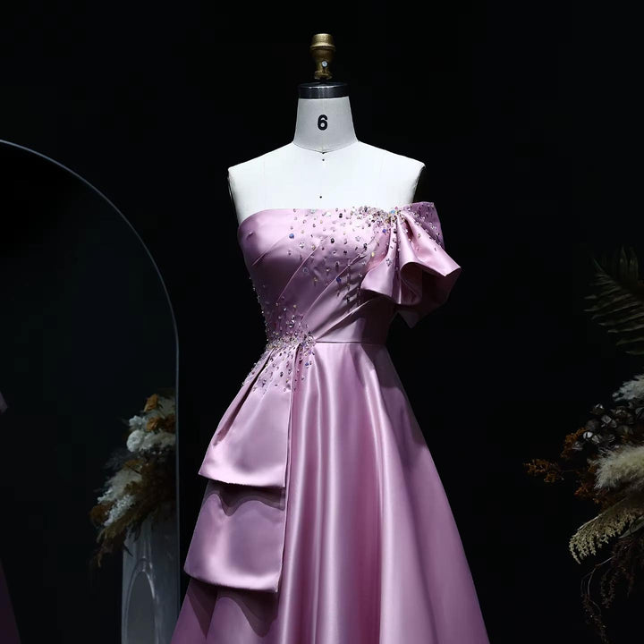 Gold One Shoulder Arabic Evening Dress Dubai Pink Lilac SS592