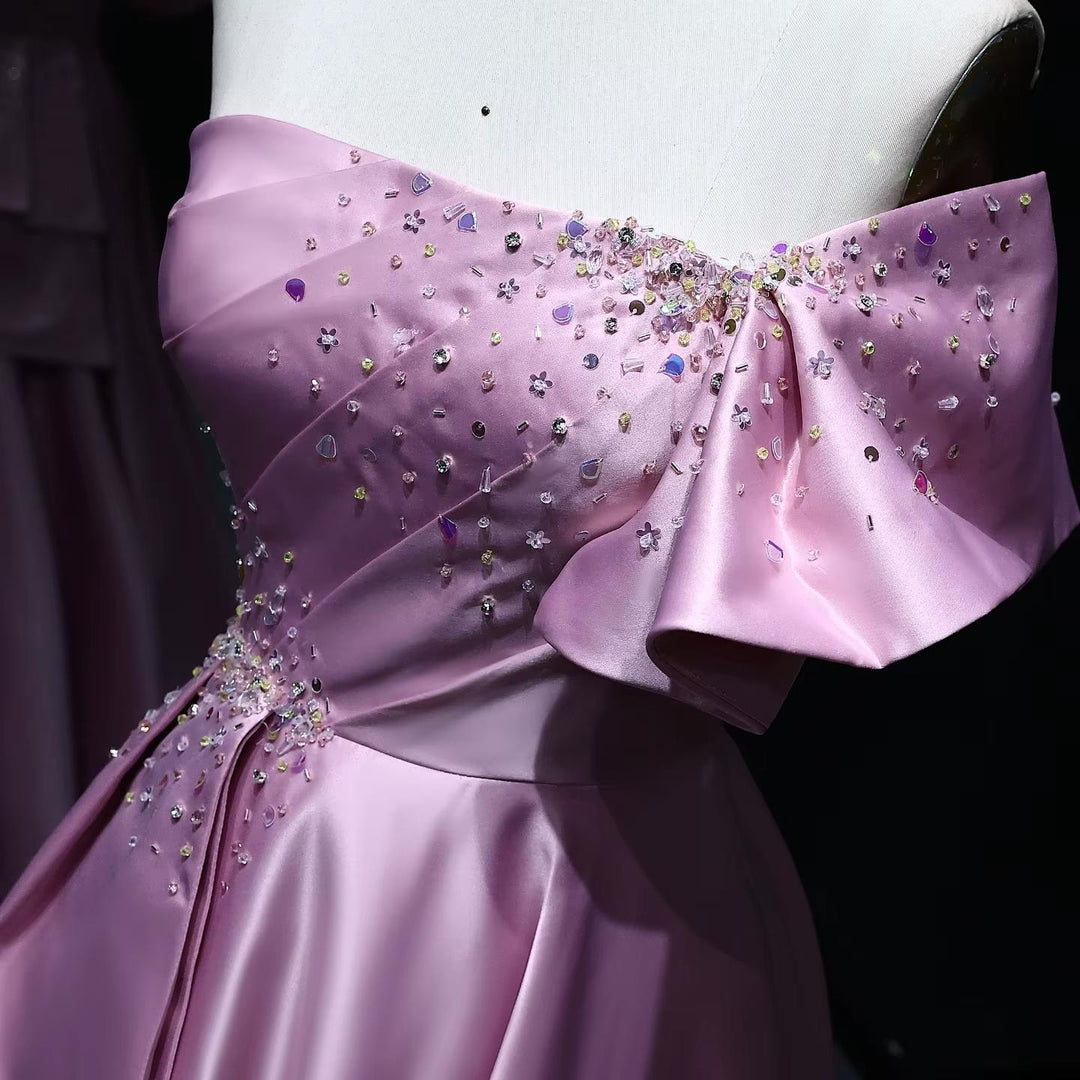 Gold One Shoulder Arabic Evening Dress Dubai Pink Lilac SS592
