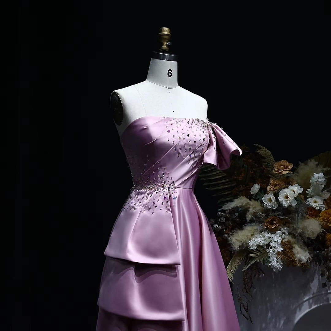 Gold One Shoulder Arabic Evening Dress Dubai Pink Lilac SS592