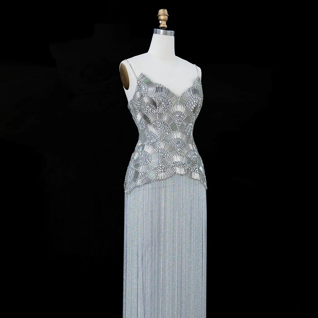 Dreamy Vow Gold Strapless Beaded Fringe Column Evening Gown SS336