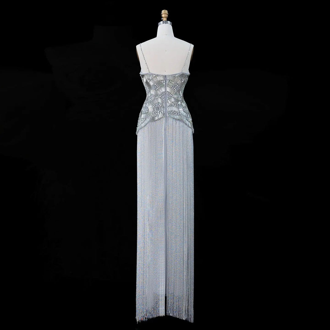 Dreamy Vow Gold Strapless Beaded Fringe Column Evening Gown SS336