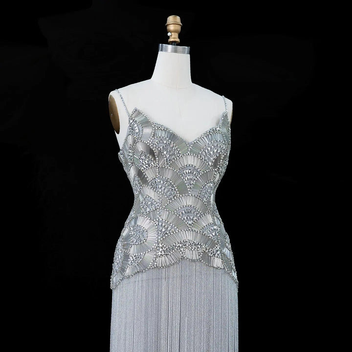 Dreamy Vow Gold Strapless Beaded Fringe Column Evening Gown SS336