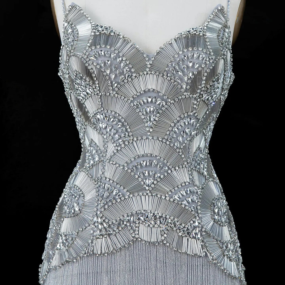 Dreamy Vow Gold Strapless Beaded Fringe Column Evening Gown SS336